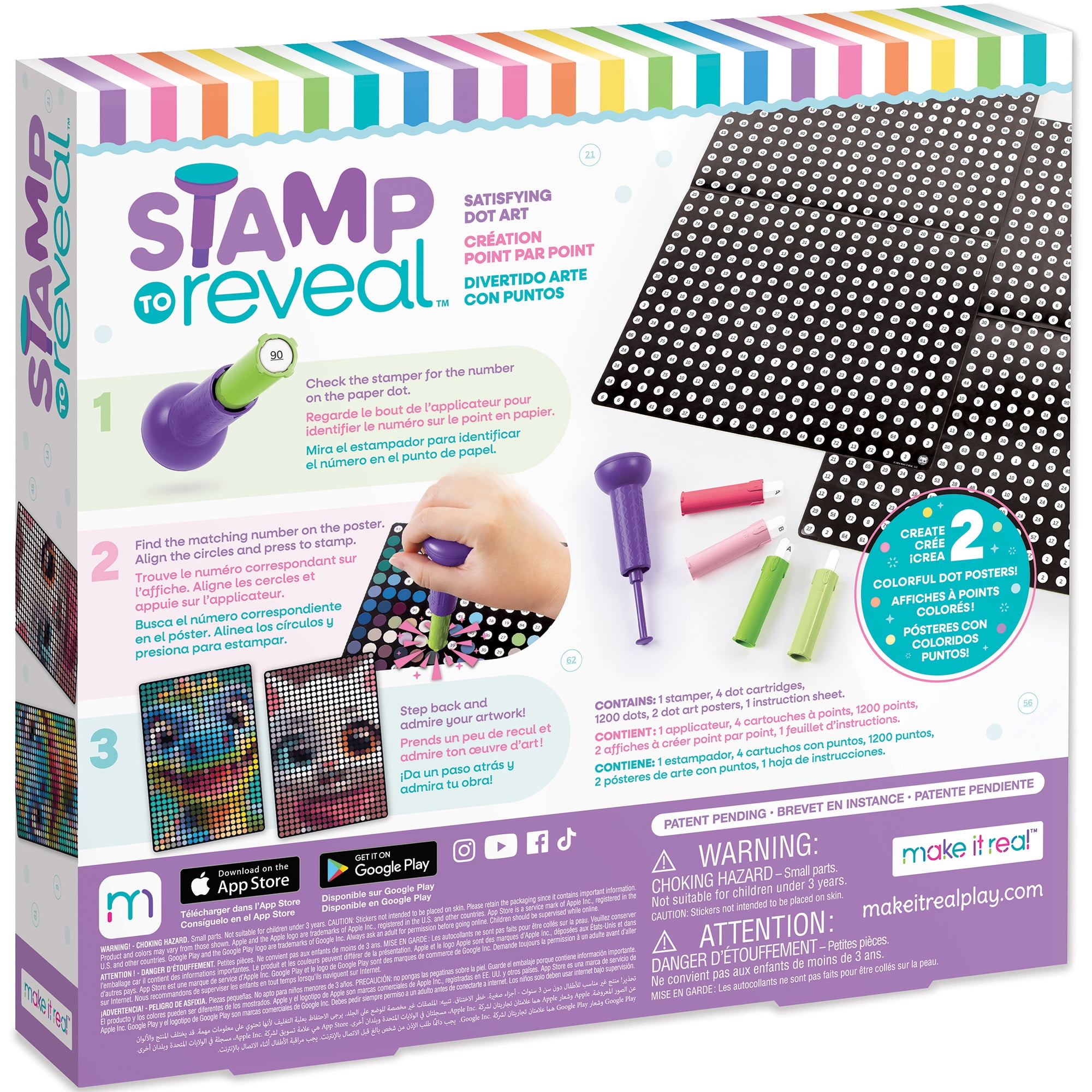 Make It Real: Stamp To Reveal: 2 Characters - Cool Cat & Smily Dino - DIY 2 Dot Posters, 11 x 16.5", Craft Kit, Artwork Activity, Girls & Kids Ages 6+