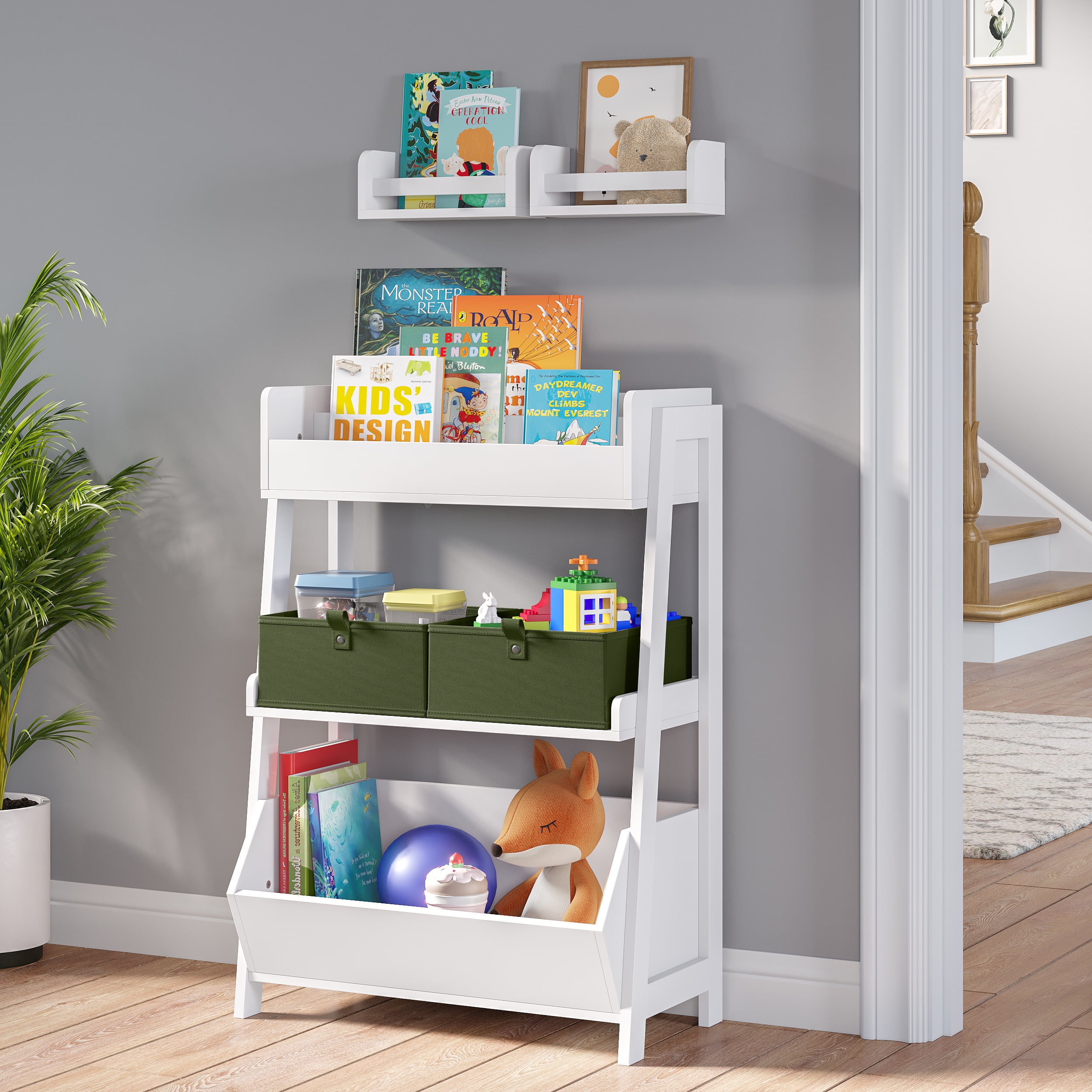 RiverRidge Home Kids 3Tier Ladder Shelf with Bookrack, Toy Organizer and 2 Bonus 10" Floating