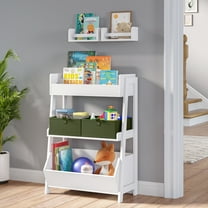 RiverRidge Kids 3-Tier Ladder Shelf Toy Organizer & Bookshelf with Bookrack, Open Shelves & Storage Bin - White with 2 10" Floating Bookshelves
