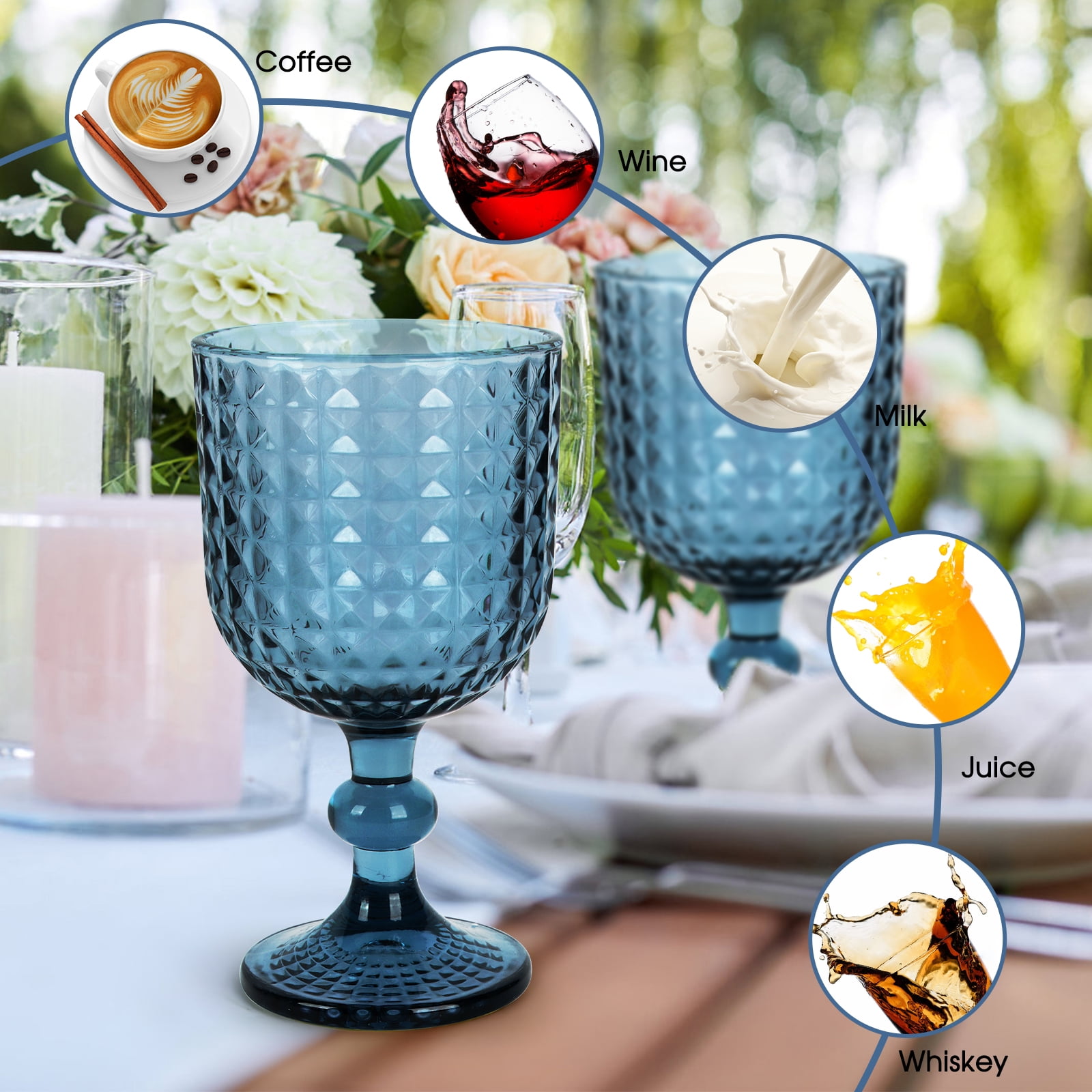 Blue Diamond Pattern Glass Cups Set of 6, 360ml Vintage Crisscross Design, Whiskey Wine Coffee Glasses, Dishwasher Safe for Wedding, Party & Daily Use