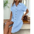 thumbnail image 5 of Womens Summer Cotton Linen Button Down V-Neck Casual Short Sleeve Loose Tunic Dresses Blue S, 5 of 7