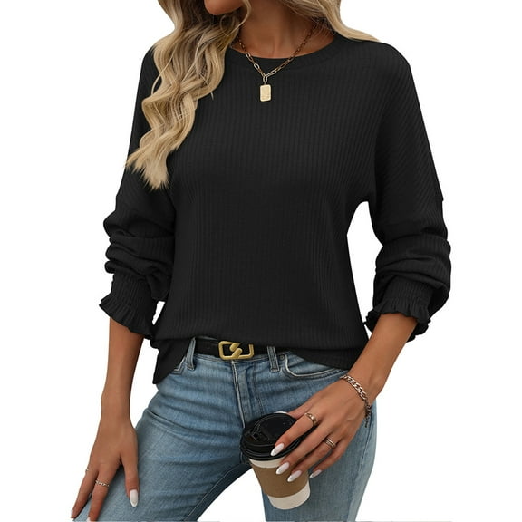 SHIBEVER Womens Long Sleeve Tops Fall Sweater Casual Crew Neck Ribbed Knit Sweatshirts for Women Pullover Tops Lightweight Loose Shirts Tunic Tops Blouses Dressy