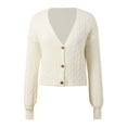 thumbnail image 4 of Wang6 Women Lightweight Cropped Cardigans Sweaters Trendy Long Sleeve Button Cable Knit Sweater Fall V Neck Knitted Outwear Tops White One Size, 4 of 7