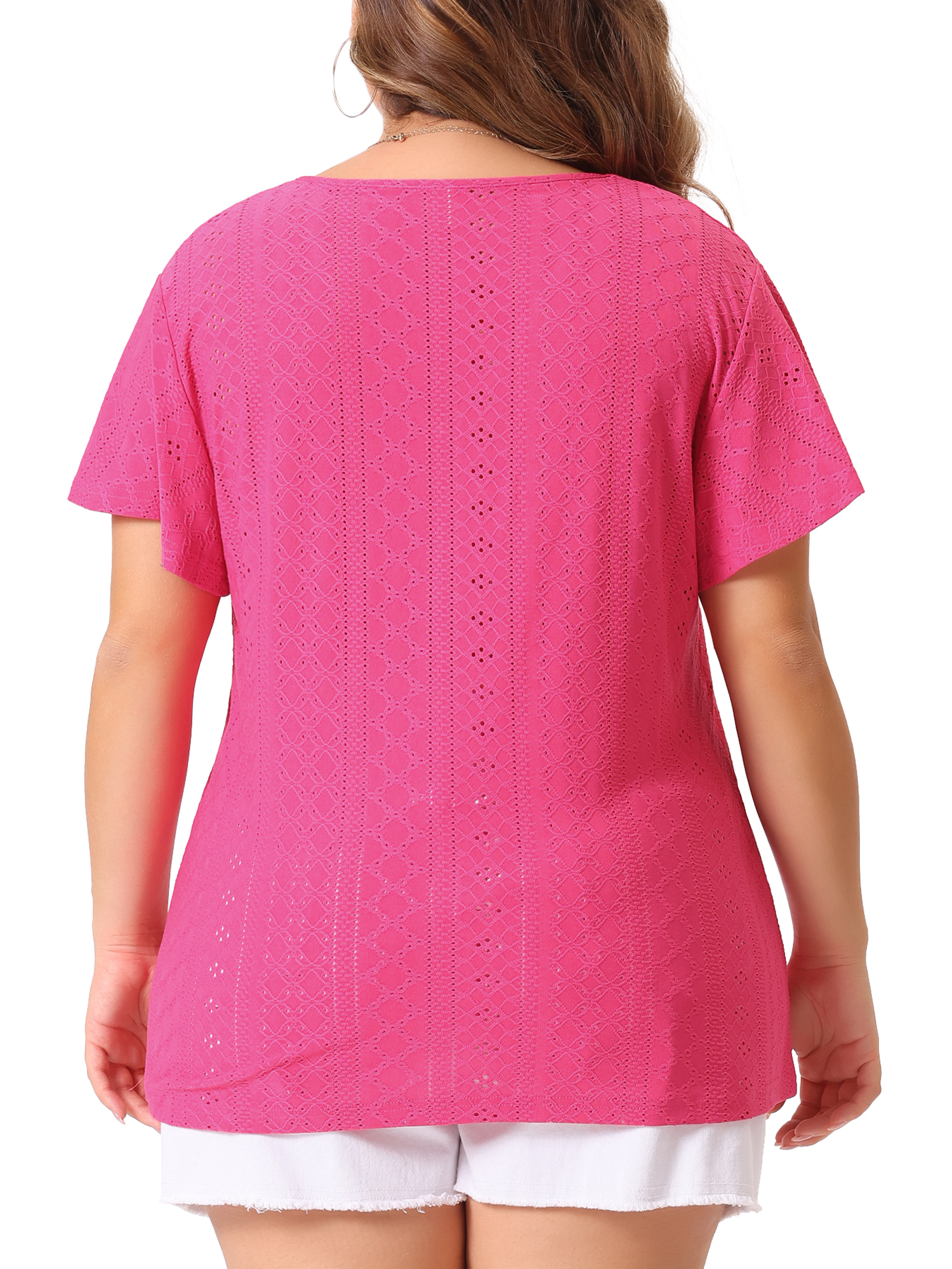 DARING DIVA Women's Plus V Neck Hollow Flare Short Sleeve Top 3X Hot Pink