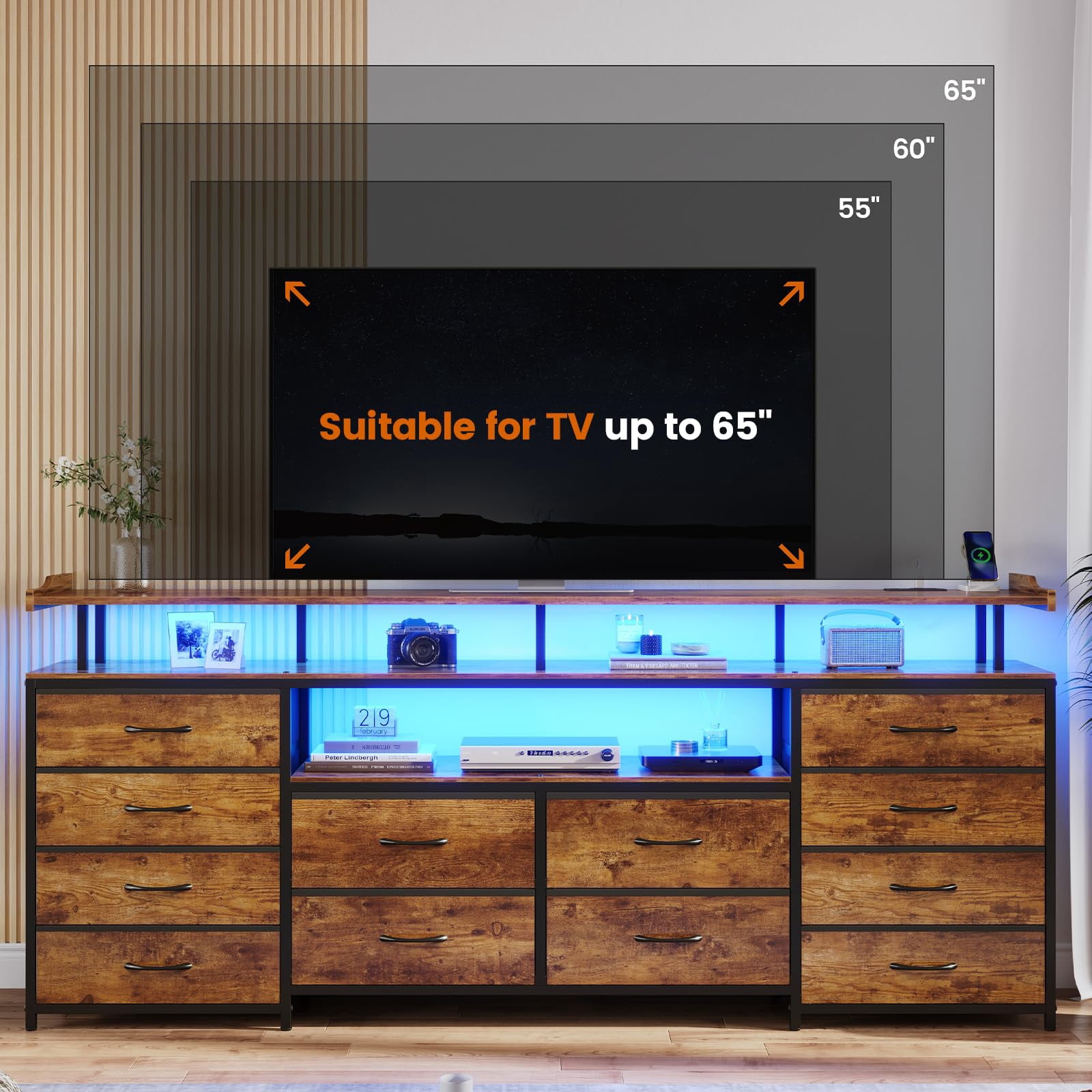 Brown TV Stand Dresser with 12 Drawers for 65 inch TV, Entertainment Center with LED Lights & Power Outlets, 63" Large LED TV Stand, TV Console for Bedroom Living Room