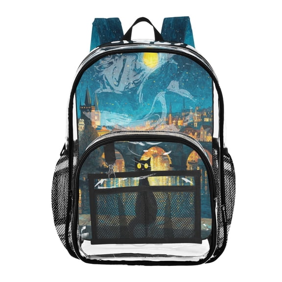Clear PVC Backpack 12L Transparent Shoulder Bag with Mesh Pockets Black Cat at Rest