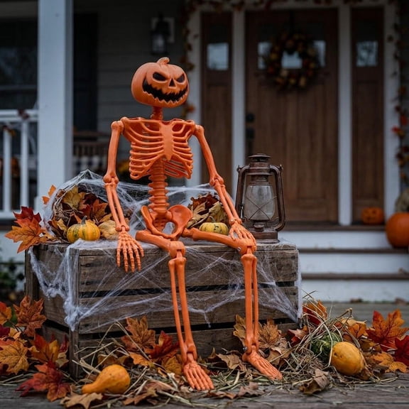Yujia Halloween Orange Pumpkin Head Human Skeleton, Posable Full Body Prop for Party and Haunted House Decoration, 15.7 inch