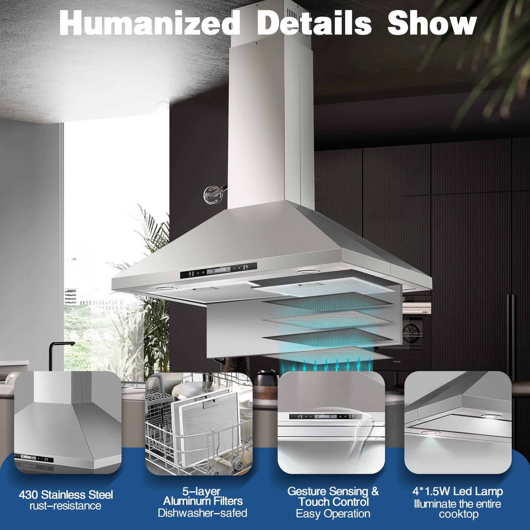 36" Island Range Hood 700CFM Stainless Steel w/Gesture Control & LED Lights