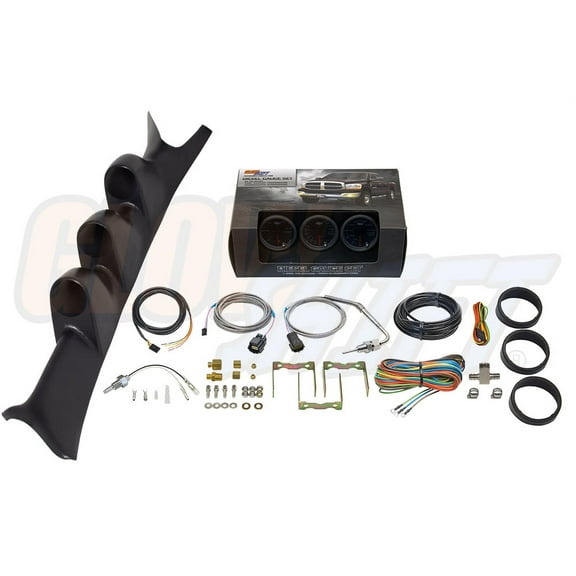 GlowShift | 1999-2007 Ford Super Duty 6.0 Powerstroke & 7.3 Powerstroke Black Triple Pillar Pod with Tinted 7 Color Series 60 PSI Boost Gauge, 1500 Pyrometer EGT Gauge & Trans Temp Gauge