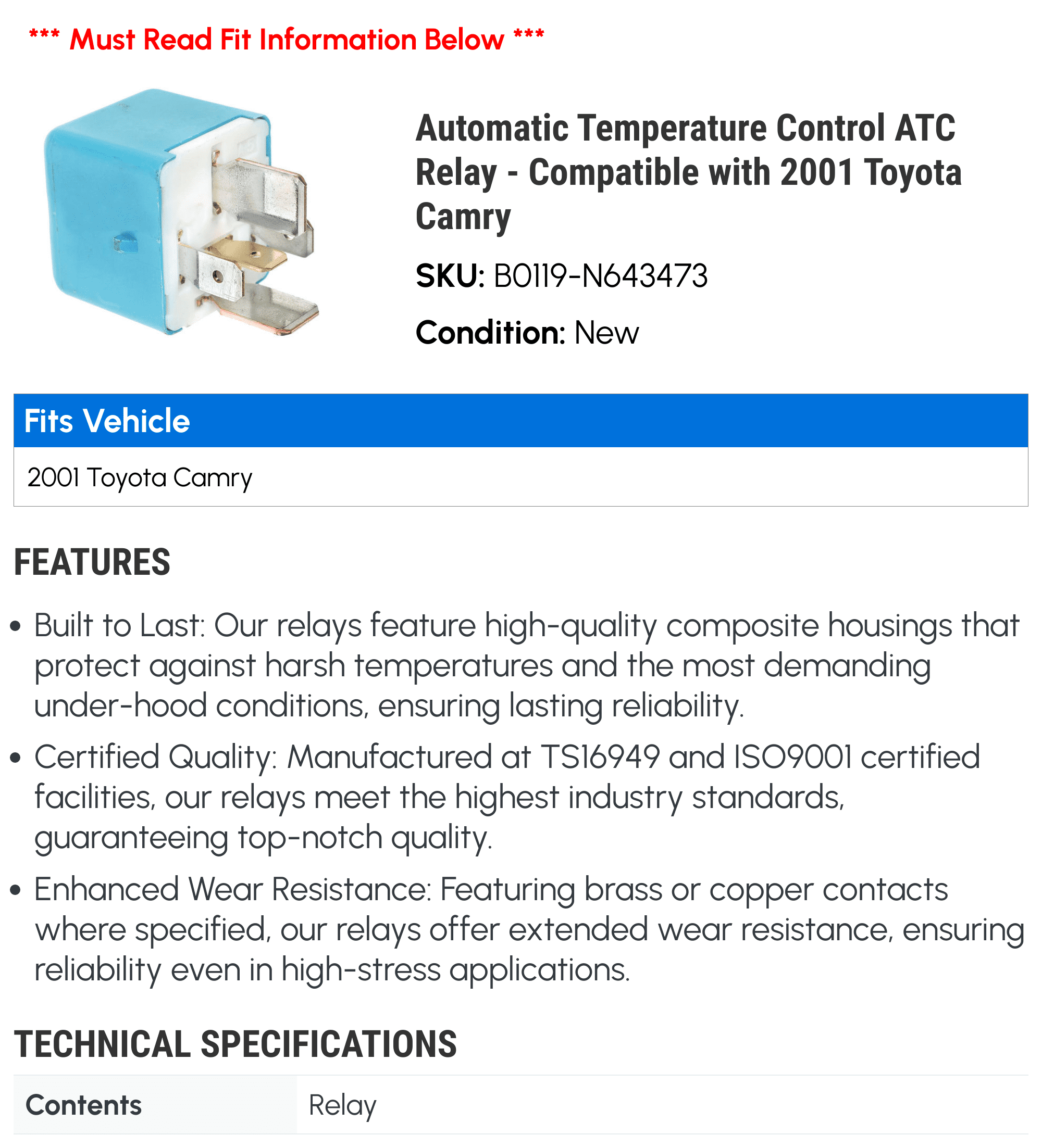 Automatic Temperature Control ATC Relay - Compatible with 2001 Toyota Camry