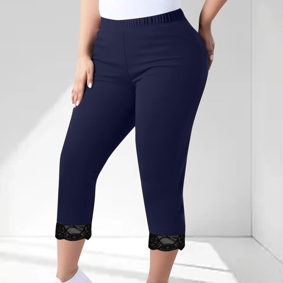 Summer Yoga Leggings For Women Casual Elastic Waist Lace Capris Solid Color Womens Capri Pants Navy L-5XL