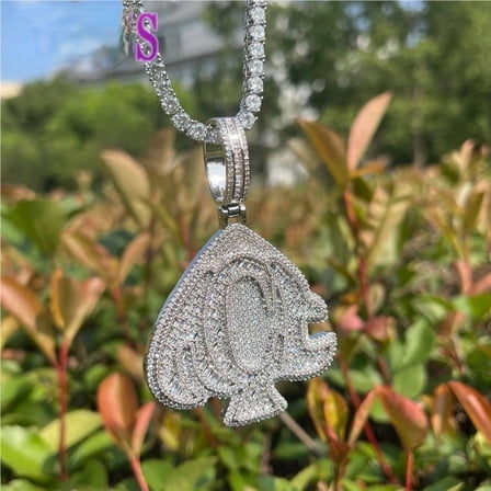 Heyoubi Prong Setting Ace Necklace for Men Baguette Iced Out Pendant Real Gold Plated Hip Hop Jewelry