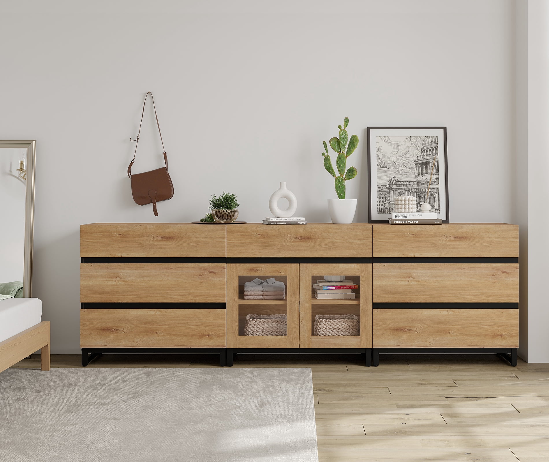 3 In 1 Dresser with Glass Doors & 7 Drawers, Modern Storage Chest with Adjustable Shelf and Metal Base, Multi-purpose Bedroom Closet Organizer Cabinet,Oak