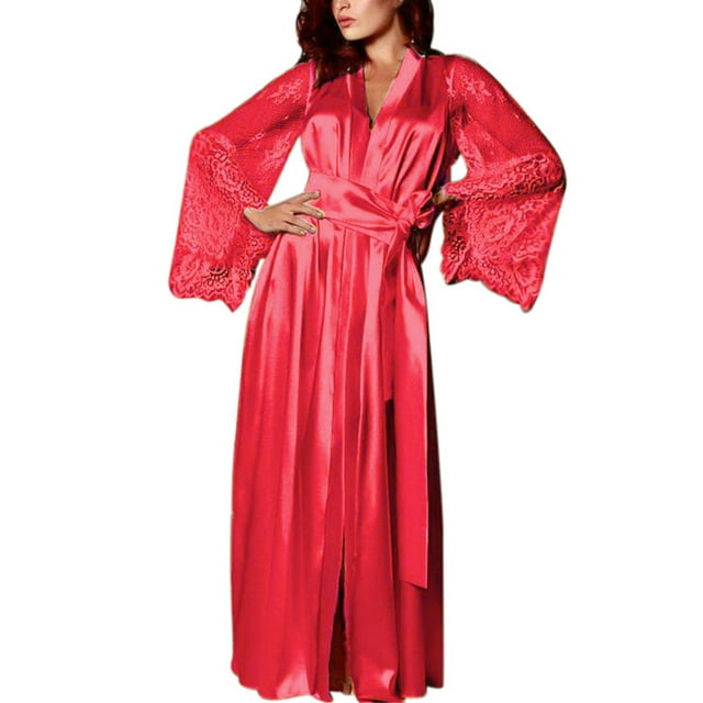 WZXFASHION Nuisette Longue en Satin pour Femme, Lingerie en Soie et Dentelle, Chemise de Nuit, Vêtement de Nuit, Robe Aguichant, Lingerie, Rouge, TG