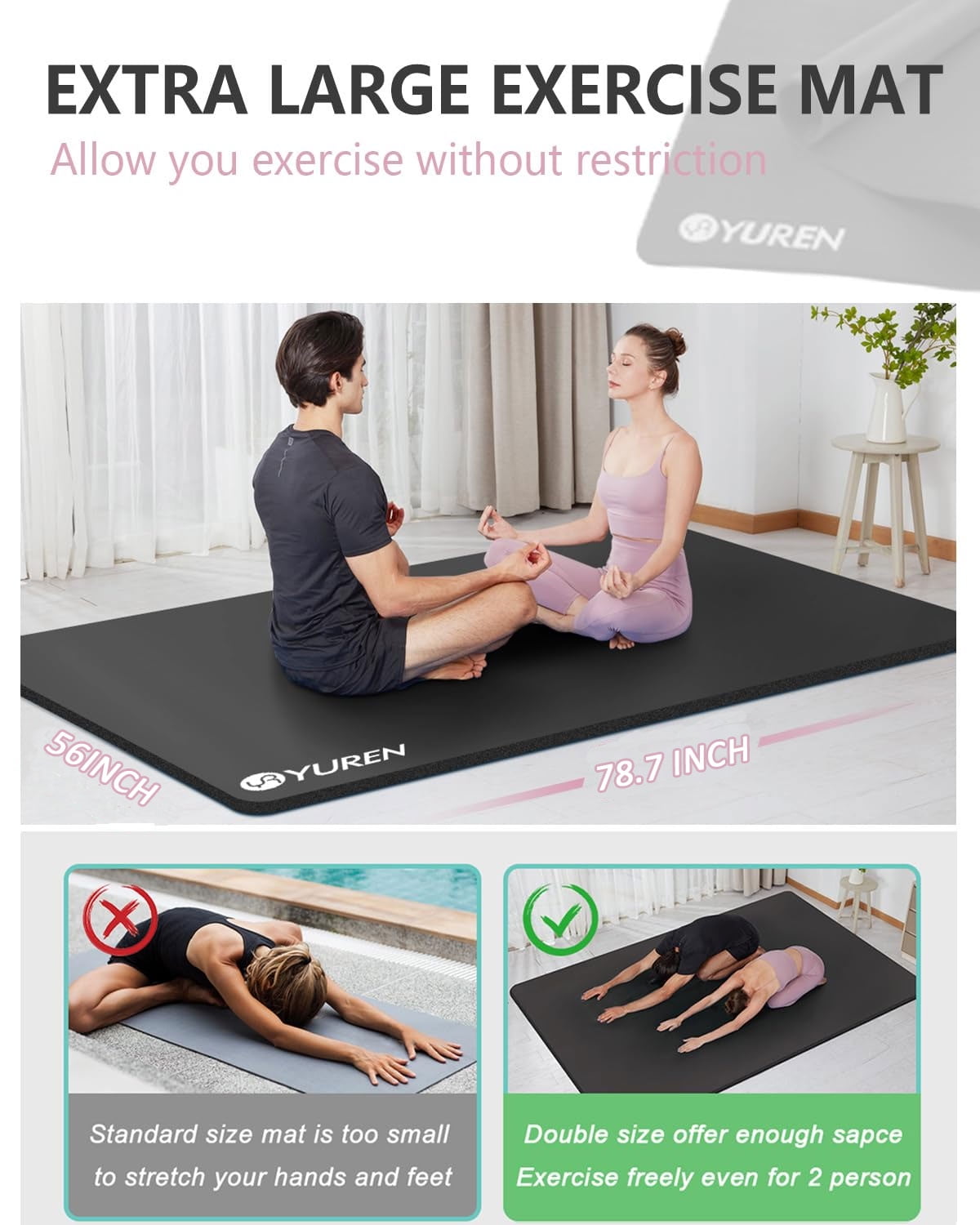 YR Large Yoga Exercise Mat 78"x51" 1/2" Thick NBR Foam Workout Mats, Black W/ Yoga Bag