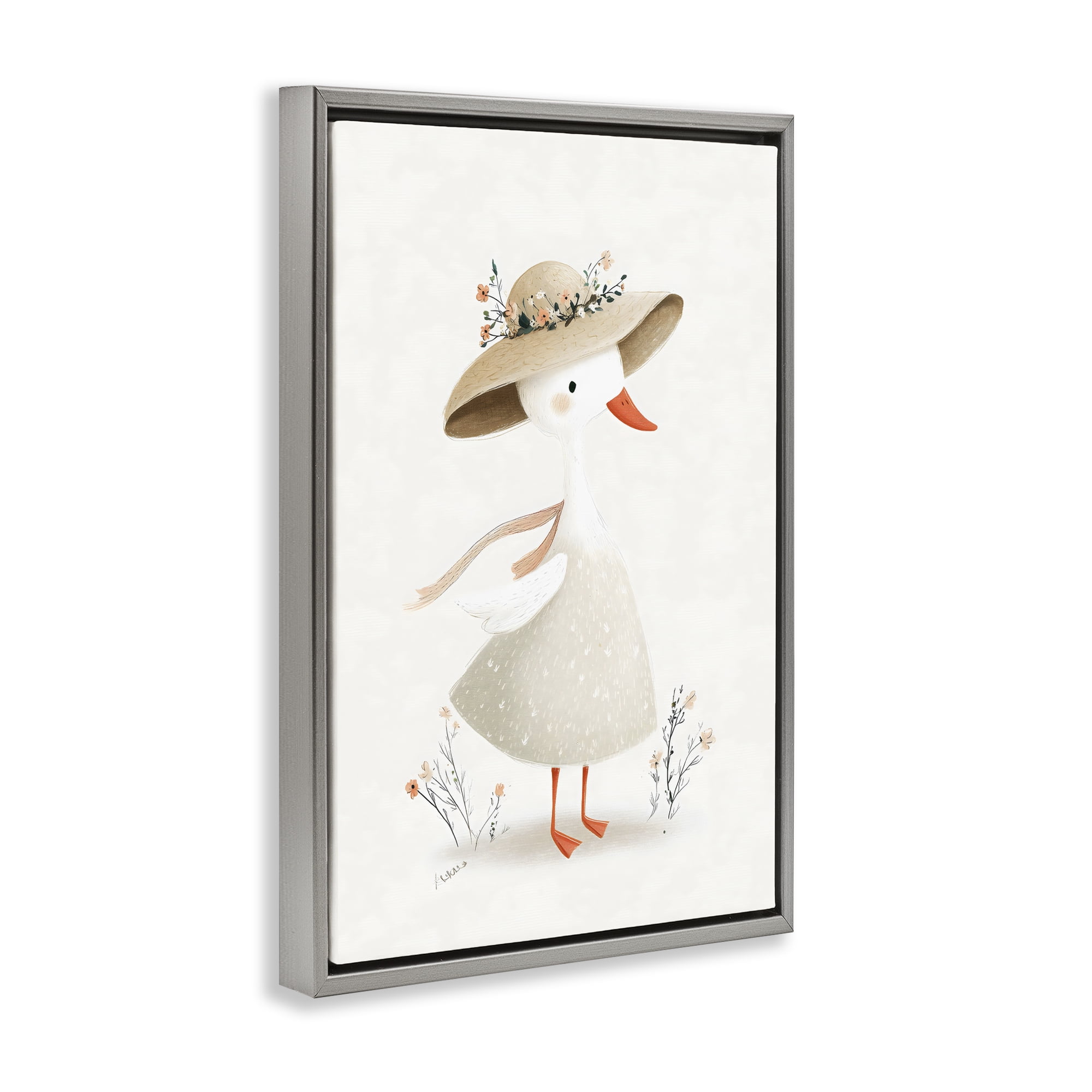 Stupell Industries Charming Goose in Sunhat Gray Framed Floater Canvas Wall Art, design by Ink Drop Loft