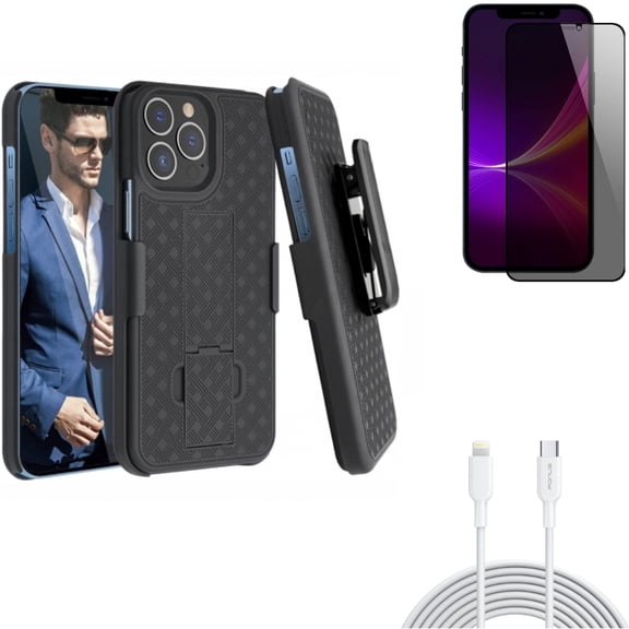 Privacy Screen Protector & 10ft PD Cable & Case Belt Clip for iPhone 13 Pro Max ONLY - Tempered Glass Curved Anti-Spy   USB-C Fast Charger Long   Holster Swivel Cover Combo