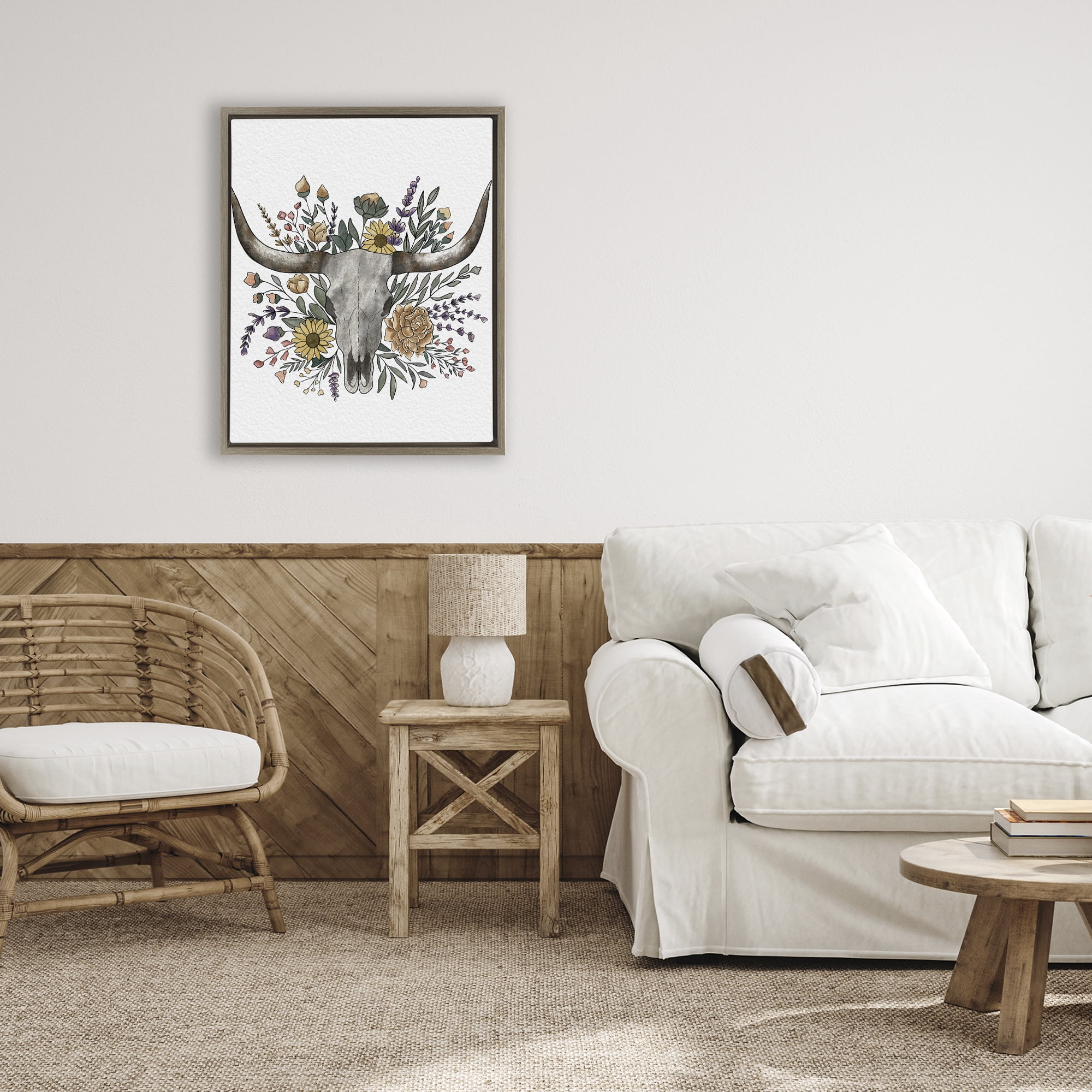 Stupell Industries Boho Wildflower Longhorn Brown Framed Floater Canvas Wall Art, design by Alisha Kiara Design