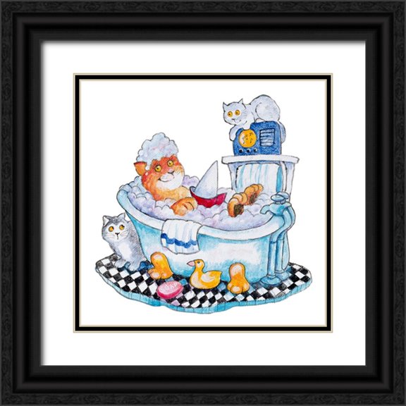 Bell, Bill 12x12 Black Ornate Wood Framed with Double Matting Museum Art Print Titled - Bubble Bath Cat