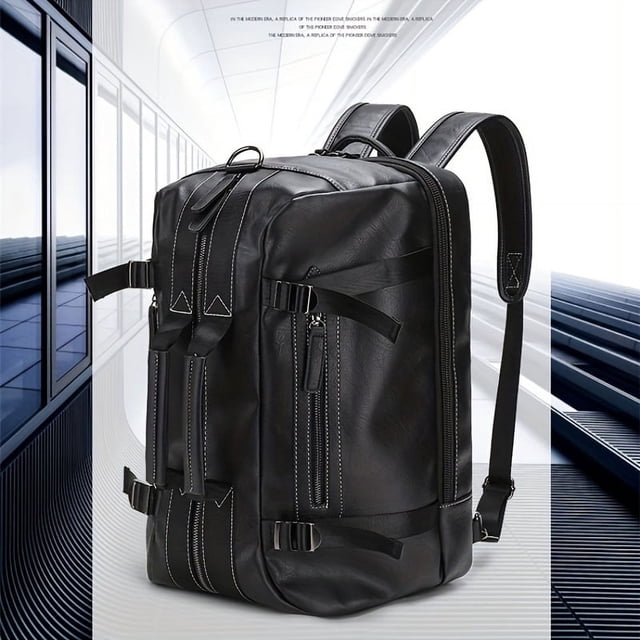 Stylish Men's PU Leather Backpack - Large Capacity, Double Shoulder, Business Trip Ready!