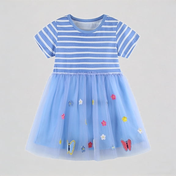 REDARER Toddler Girls' Short Sleeve Stripe Dress, Embroidered Butterfly & Floral Tulle Princess Dress, Summer Casual Party Dress for Kids,5-6 Years