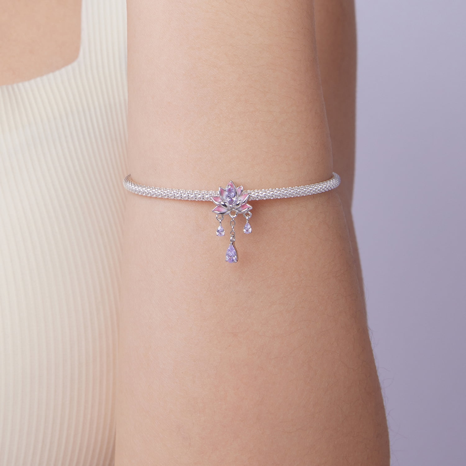 Pink Purple Lotus Tassel Silicone Beads Charm 925 Sterling Silver Charm ,Charm for Bracelets, Gift for Women