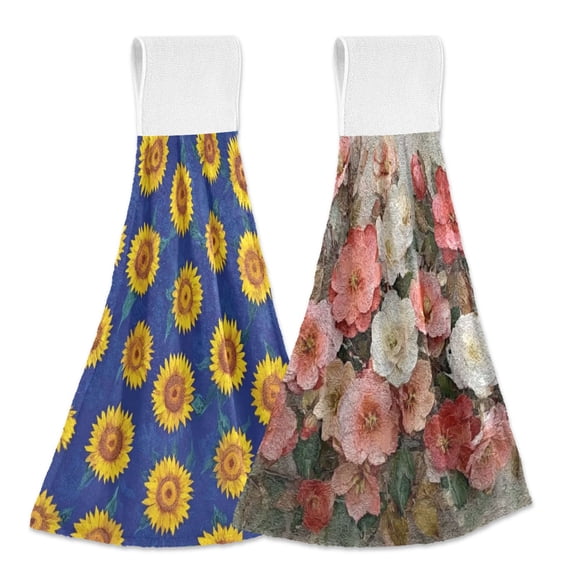 IAUYY Kitchen Hanging Towels Set of 2 100% Polyester Absorbent, Super Soft Hand Towels with Hanging Loops for Bathroom Kitchen Royal Blue Roses and Camellias