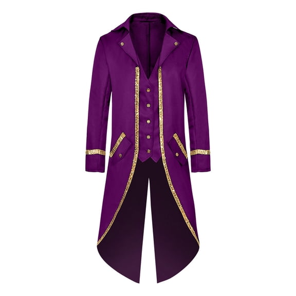 ZToonmas Men Vintage Mid Length Tailcoat with Gold Sequin Trim Halloween Victorian Role Play Jacket for Dress up Parties