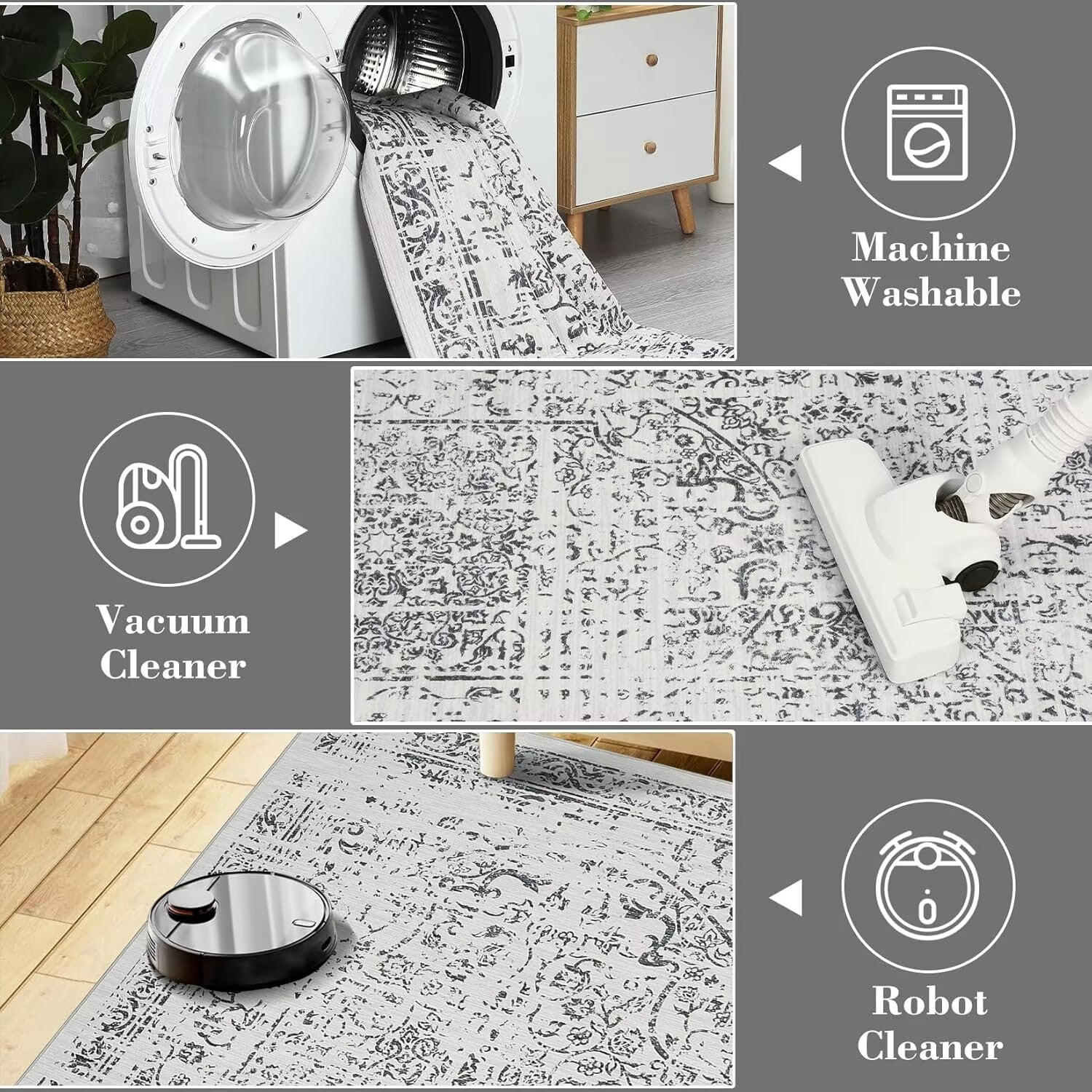 FairOnly Vintage Large Area Rugs 9'x12' Gray Washable Non Slip Soft Carpet for Living Room Ultra-Thin Indoor Floor Cover