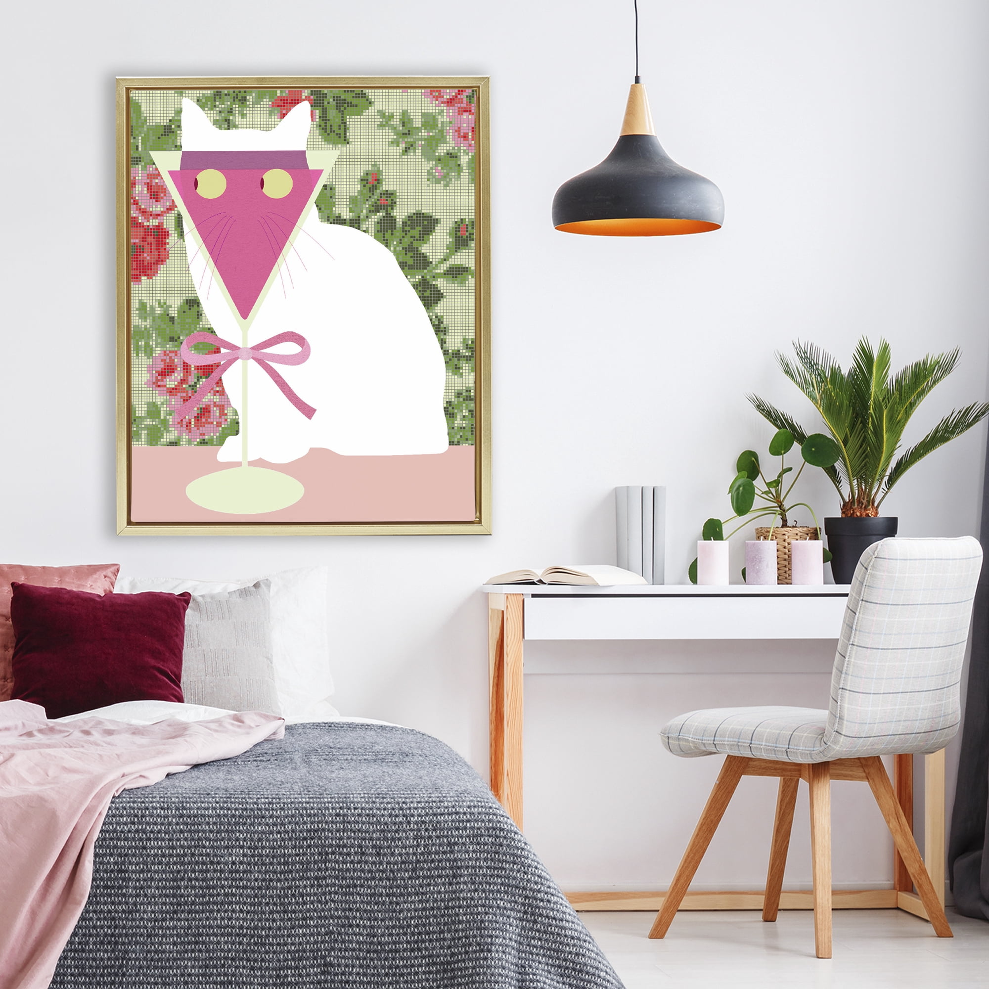 Stupell Industries White Cat with Pink Martini Gold Framed Floater Canvas Wall Art, design by Lil' Rue