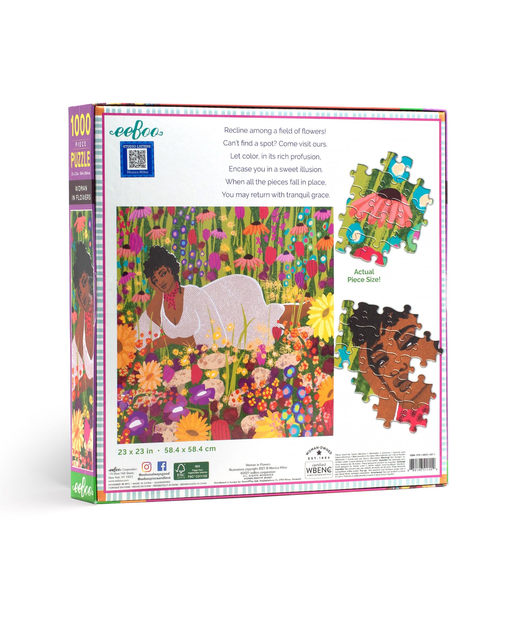 eeBoo Piece and Love Woman in Flowers 1000 Piece Square Jigsaw Puzzle, 23" x 23" square, Ages 14 and Up