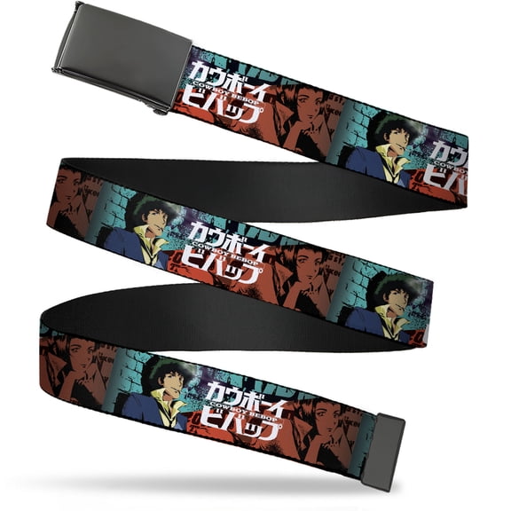 Adjustable Belt, Clamp Buckle, Cut-to-Fit, Cowboy Bebop Spike and Faye Brick Pose and Logo Blues Reds