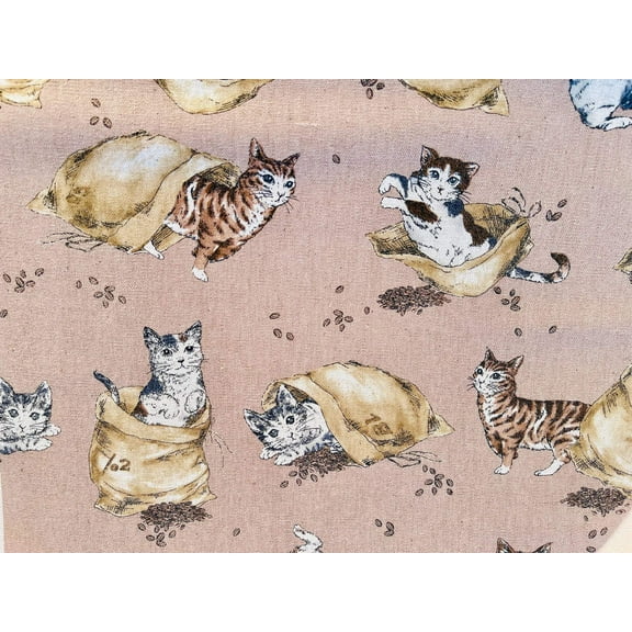 Cat - Coffee and Cats - Funny Cats - Kokka Fabric-Japanese Canvas Fabric.