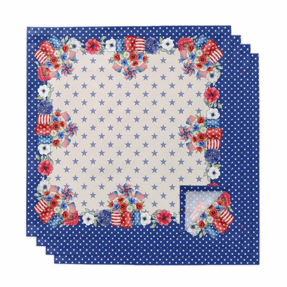 Cloth Napkins Set of 4 - 20x20 Inches, 250 Anniversary Memorial Washable Reusable Table Napkins, Poppies Florals Blue Star Farmhouse Soft & Absortbent Dining Napkin for Party Wedding Hotel Restaurant