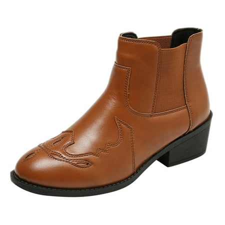

Women Walking Shoes Fashion Women Solid Color Autumn Embroidery Thick Sole Square Heels Slip On Short Booties Round Toe Shoes Ankle Boots for Women PU Brown