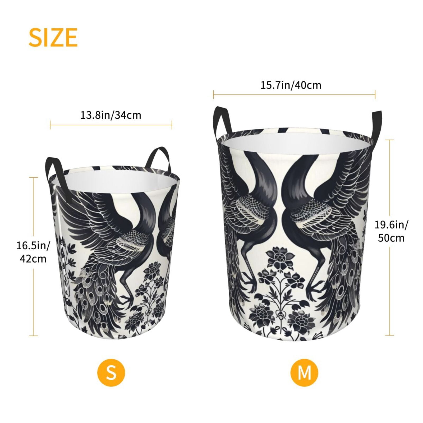 Fuzoiu Artistic Black White Peacocks Print Circular Hamper,Laundry Basket with Handle,Collapsible Laundry,Dirty Clothes Storage Basket,for Bedroom Bathroom Dorm Living Room-Small