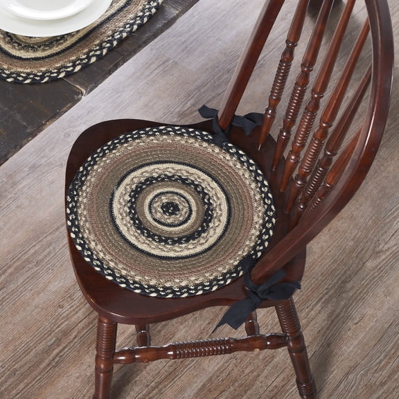 VHC Brands Sawyer Mill, Farmhouse Chair Pad Seat Cushion, Braided Jute, Round, Charcoal Creme, 15in