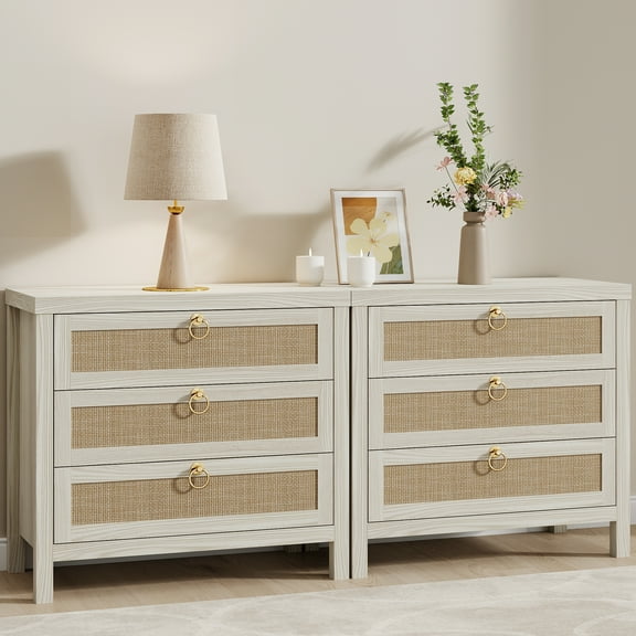 Boho Rattan Nightstand with 3 Drawers, Nightstand Set of 2