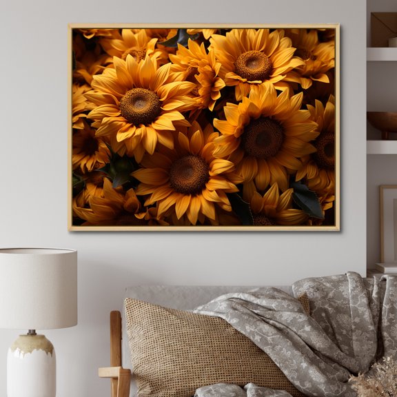 Designart "Sunlit Sunflowers Orange Radiance I" Floral Floater Framed Wall Decor
