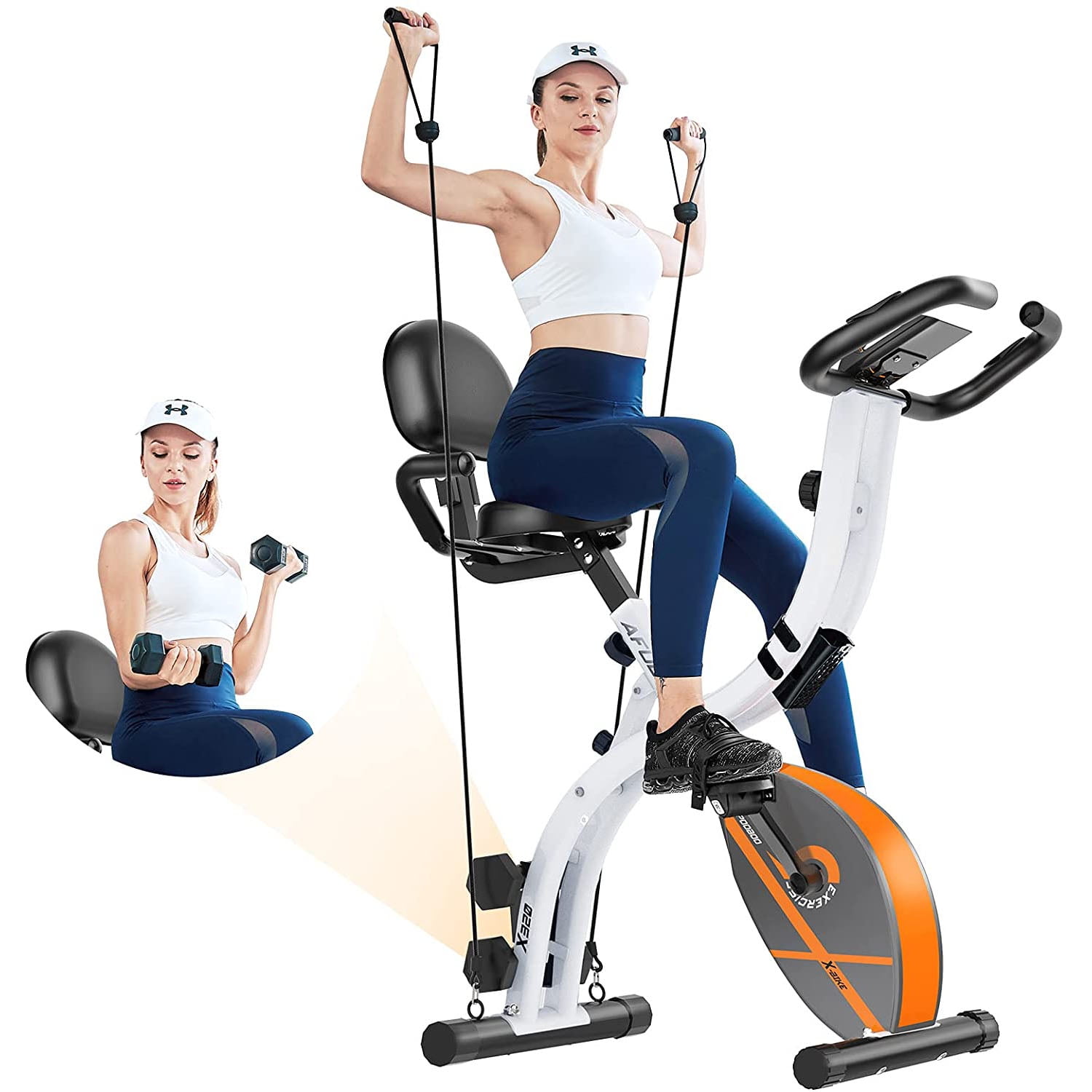 POOBOO 3-in-1 Folding Stationary Upright Exercise Bike Machine Home 300 Lbs Adjustable Arm Resistance Bands