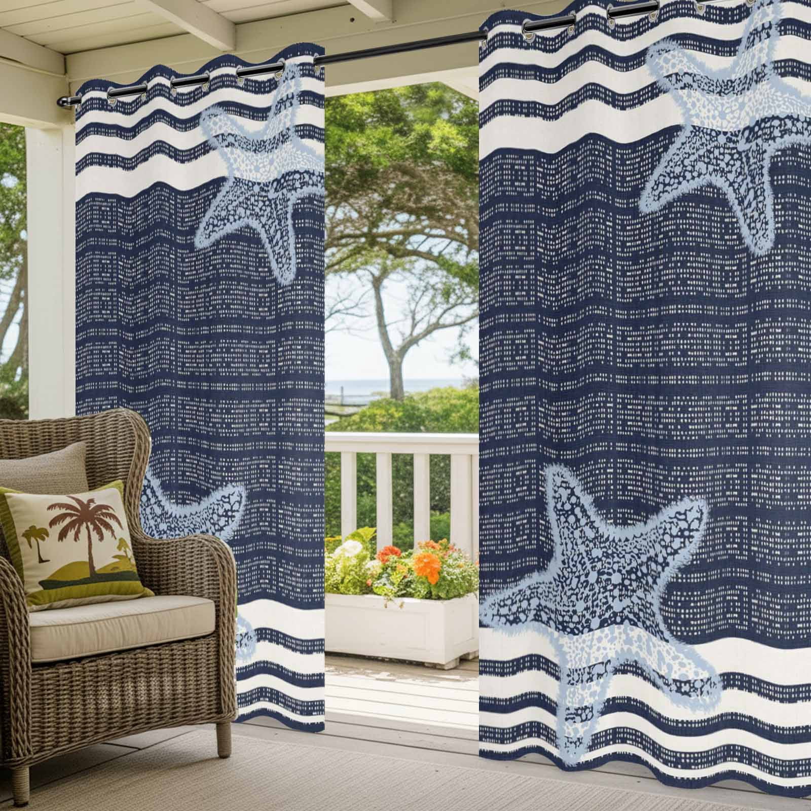 Pixel Navy Blue Star Outdoor Curtains for Patio, Modern Abstract Nautical Ocean Beach Starfish Stripe Sunshade Privacy Drapes Grommet Waterproof Outside Curtains for Porch Balcony 54"x108", 1 Panel