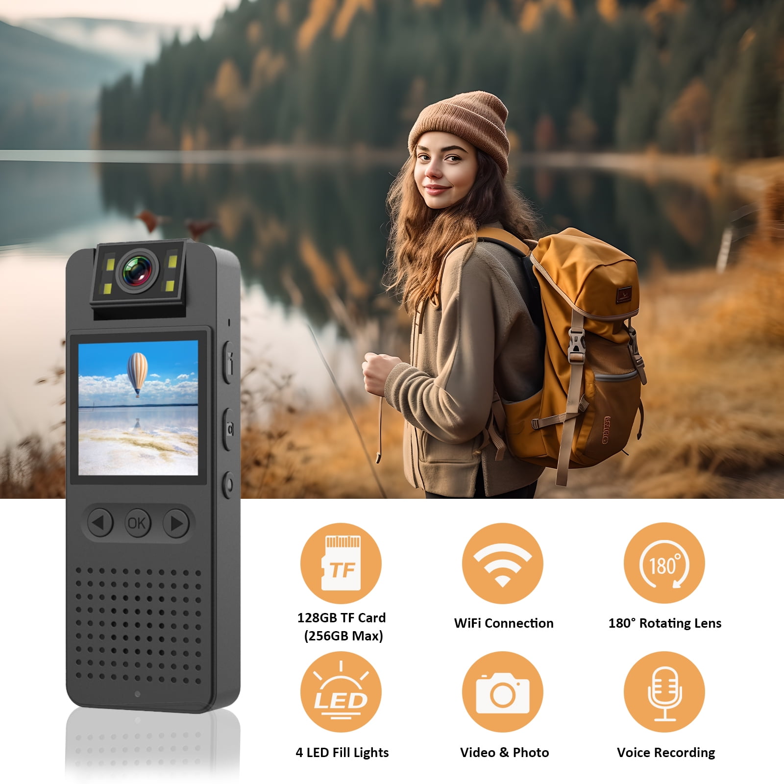 RONY 128GB Small Body Camera with Audio and Video Recording - 1080P Mini Camcorder Security Camera with Clip 180 Degree Rotating Lens Real Time Monitoring Night Vision