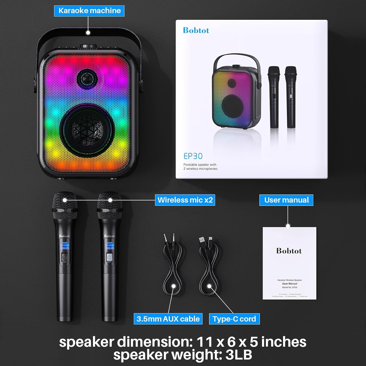 Bobtot Karaoke Machine for Kids and Adult,Portable Bluetooth Speaker with 2 Wireless Microphone Karaoke Machine with RGB Light and Subwoofer Support TWS/FM/USB/AUX for Party Outdoor