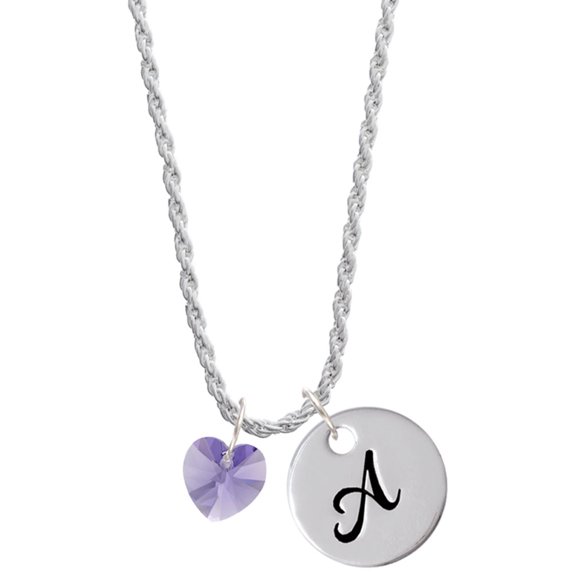 Delight Jewelry Hot Purple Crystal Heart Silvertone Script Initial Disc - A - Charm Necklace, 20" 3"