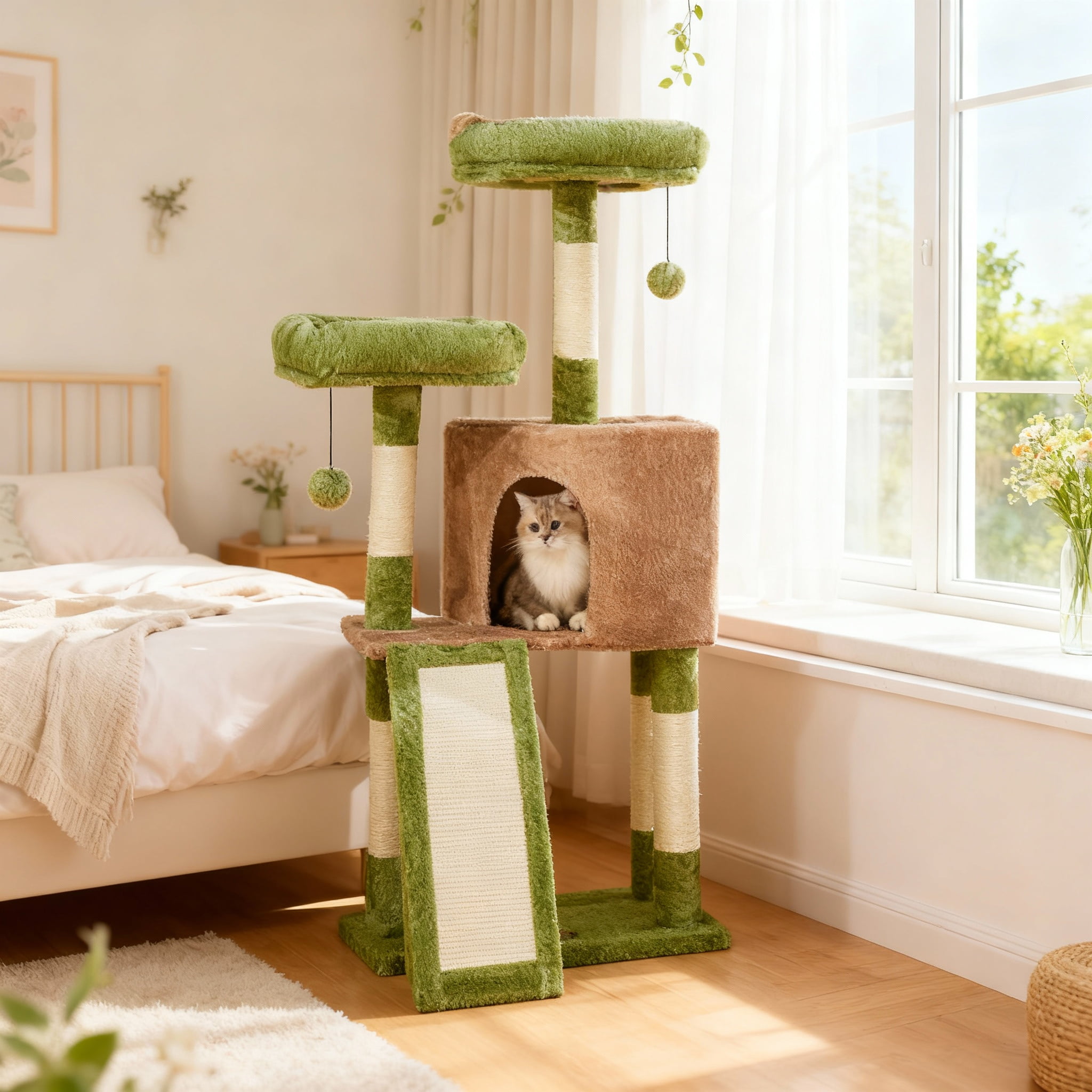 LEDREM Cat Tower, 45.3-Inch Indoor Cat Tree with Scratching Ramp, Perches, Spacious Cat Cave, Multi-Level Condo for Kittens, Adult Cats, Grass Green and Camel Brown