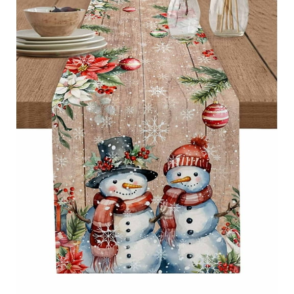 Table Runners 72 Inches Long Dress Scarves, Brown Wood Snowman Christmas Farmhouse Kitchen/Dining Table Runner, Coffee Tablerunners, Xmas Poinsettia Winter Gifts 13x72 Inch