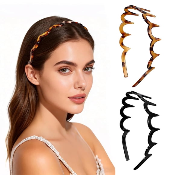 Zig Zag Headbands for Women, 2 Pack Non-Slip Wavy Plastic Hair Comb Headbands with Teeth, U-Shape High Cranium Korean Style, Gifts for Women (Black & Brown)