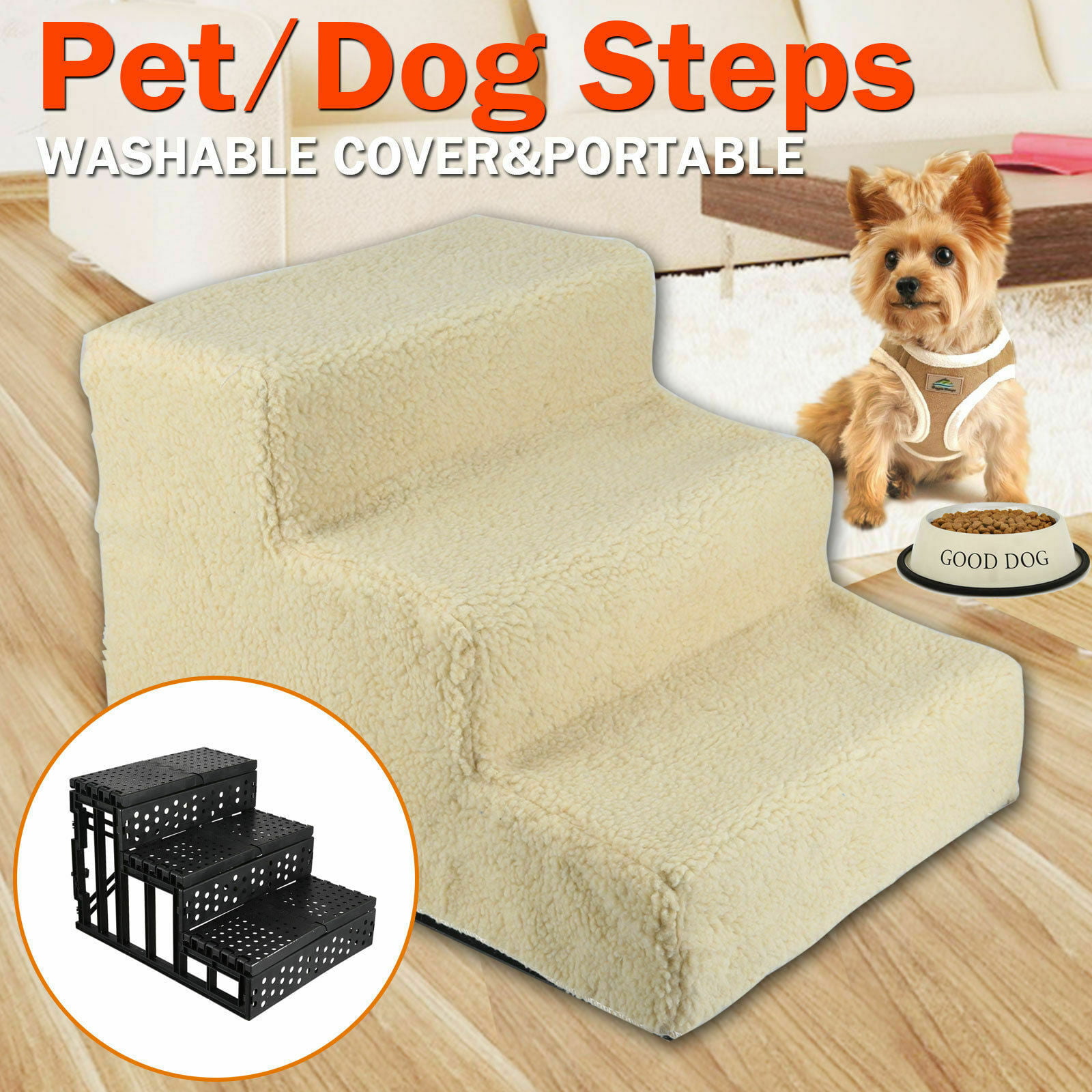 Soft Portable Cat Dog Ladder 3 Steps Ramp Small Climb Pet Step Stairs Beige US 