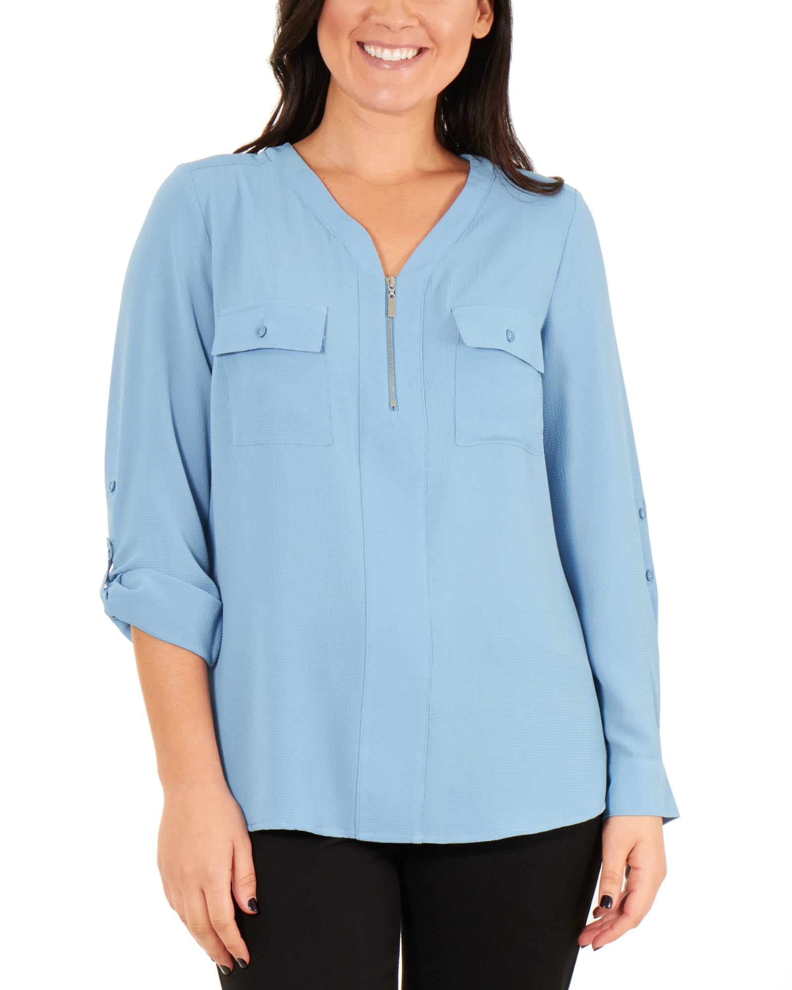 NY Collection - Long Sleeve Roll Tab Top with Zipper - Walmart.com ...