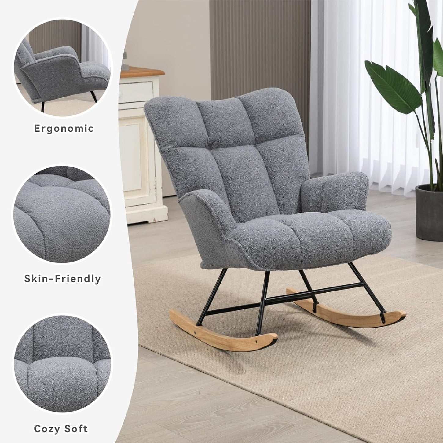 Nursery Rocking Chair Teddy, Upholstered Glider Rocker with High Backrest, Comfortable Stylish Accent Armchair with Padded Seat for Living Rooms, Bedrooms, Offices